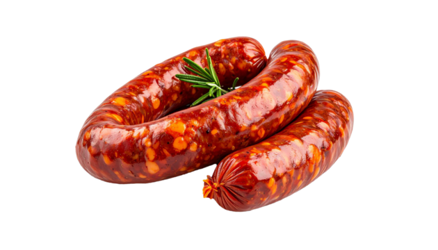 Raw chorizo sausages with a fresh rosemary sprig