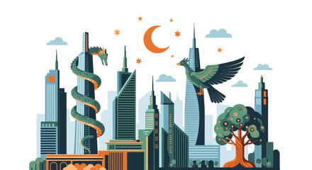 Fototapeta premium A stylized city skyline with a serpent and a bird.