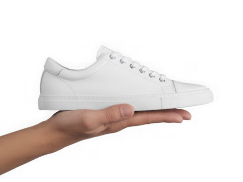 A persons hand holding a white leather sneaker isolated on transparent background
