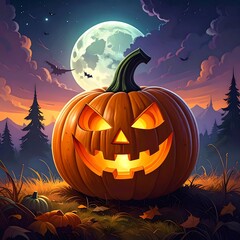 Halloween pumpkin in a night forest
