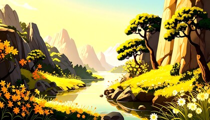 Mountain valley scene, sunny morning.  River flows through vibrant meadow.  Trees and flowers surround rugged cliffs