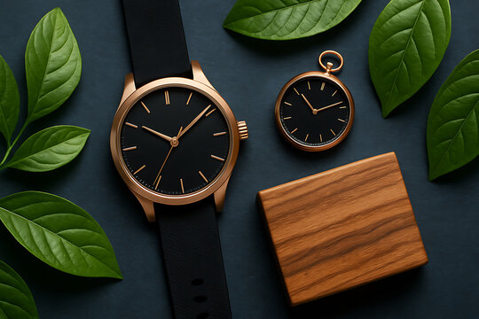 Stylish black and gold wristwatch and pocket watch with wooden box and green leaves symbolizing elegance fashion time and luxury lifestyle