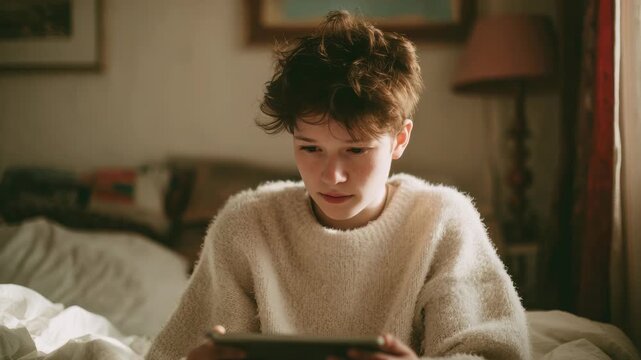 Teenager with short hair wearing a cozy sweater sits on a bed and looks thoughtfully at a digital tablet. Soft natural light creates a calm, introspective atmosphere in the bedroom