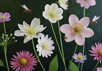 Generative AI Flowers and Ants in Spring Garden Flower Ant Insect Insects Bloom Blossom Petal Stem Floral Summer White Pink Purple Yellow Closeup Macro Nature Wildlife - Download Now