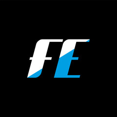 Obraz premium FE letter logo design on black background. FE creative initials letter logo concept. fe icon design. FE white and blue letter icon design on black background. F E