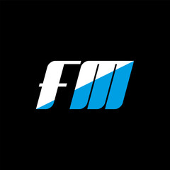 FM letter logo design on black background. FM creative initials letter logo concept. fm icon design. FM white and blue letter icon design on black background. F M