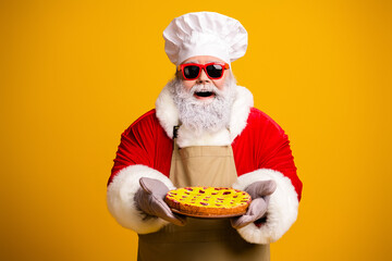 Jolly Santa Claus in a festive costume holding a freshly baked pie on a vibrant yellow background, smiling cheerfully