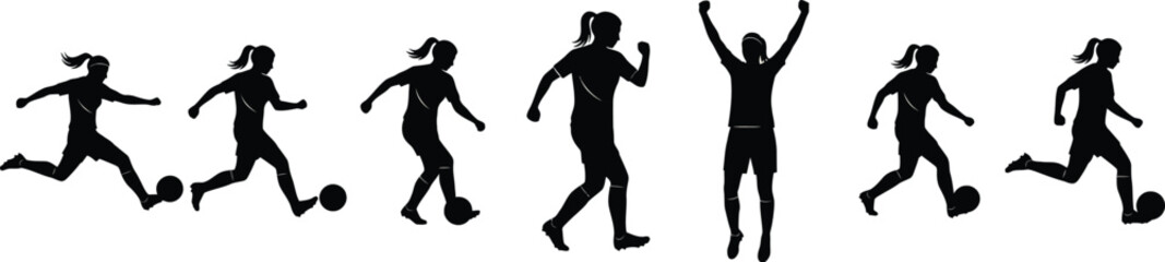 Women's soccer player silhouettes
icons, showcasing various dynamic poses such as dribbling, kicking, passing, and celebrating a goal. Vector