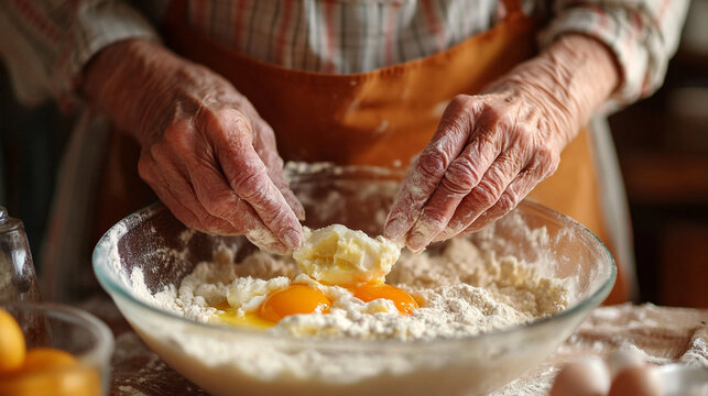 Close-up of elderly woman’s hands in apron whisking egg into flour at home, capturing a cozy baking moment. Ideal for food blogs, cooking tutorials, and home lifestyle content.
