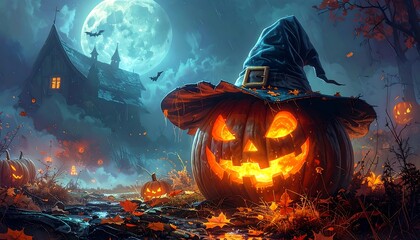 Halloween pumpkin in front of haunted house