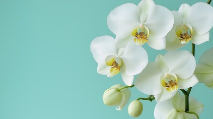 Obraz premium White orchid on a light blue background with space for text