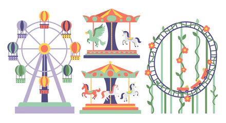 Amusement Park Rides Collection Ferris Wheel Carousel Roller Coaster.