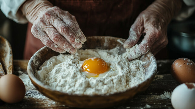 Close-up of elderly woman’s hands in apron whisking egg into flour at home, capturing a cozy baking moment. Ideal for food blogs, cooking tutorials, and home lifestyle content.

