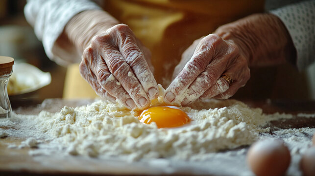 Close-up of elderly woman’s hands in apron whisking egg into flour at home, capturing a cozy baking moment. Ideal for food blogs, cooking tutorials, and home lifestyle content.
