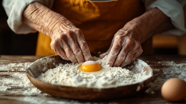Close-up of elderly woman’s hands in apron whisking egg into flour at home, capturing a cozy baking moment. Ideal for food blogs, cooking tutorials, and home lifestyle content.
