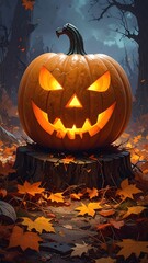 Halloween pumpkin on a stump in a spooky forest