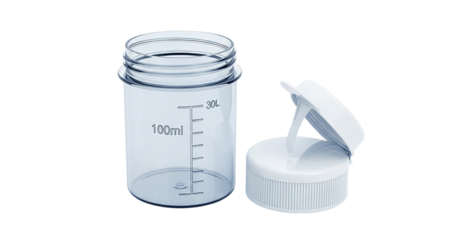 Clear Liquid Container Empty Plastic Open Jar Medical Sample Laboratory Collection Storage 100ml Measurement Analysis