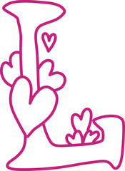 L monogram letter hand drawn with hearts. Pink alphabet symbol isolated on white.
