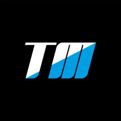 TM letter logo design on black background. TM creative initials letter logo concept. TM icon design. TM white and blue letter icon design on black background. T M