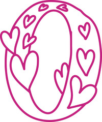 O monogram letter hand drawn with hearts. Pink alphabet symbol isolated on white.