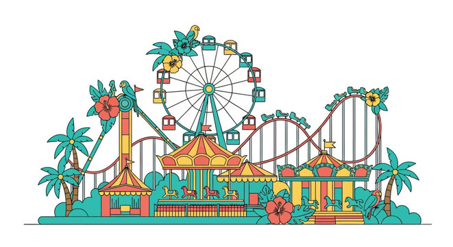 Amusement Park with Ferris Wheel and Roller Coaster.
