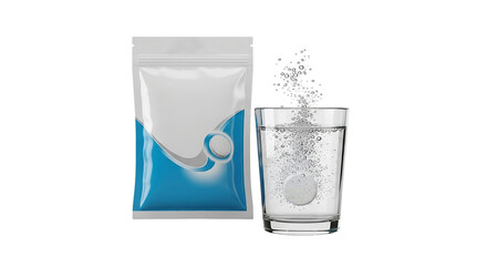 Effervescent Tablet Plop into Water Glass Package Mockup Healthcare Supplement Medicine Vitamin C Black Background Fizzy