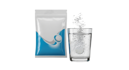 Effervescent Tablet Plop into Water Glass Package Mockup Healthcare Supplement Medicine Vitamin C Black Background Fizzy