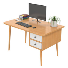 Wooden Computer desk set isolated on transparent background