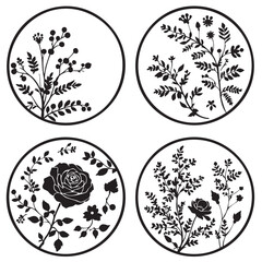 Botanical Circle Silhouette Vector — Black and White Floral Illustrations Featuring Roses, Leaves, Berries, and Natural Symmetry