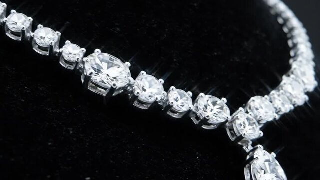 Close-up shots reveal the brilliance of a diamond bracelet resting on a soft black velvet surface, showcasing its exquisite design and sparkling gems under warm lighting.