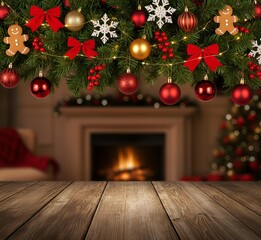 Arri&egrave;re-plan d'un int&eacute;rieur d'une maison d&eacute;cor&eacute;e pour No&euml;l avec branches de sapin en haut