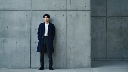 Fototapeta premium Young Man In Blue Coat. Modern Minimalist Fashion Look Against Concrete Wall Background