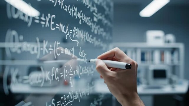 A detailed look at a hand writing complex physics equations on a transparent board. The elegant lab setting is illuminated by soft early morning light, creating a serene atmosphere.
