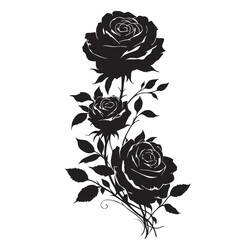 Vertical Rose Silhouette Vector — Black and White Floral Illustration of Three Blooming Roses with Stylized Leaves and Stems