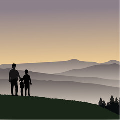 Family silhouette standing on a hill overlooking a lake and forest.