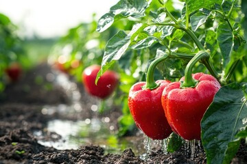 Fresh Red Bell Peppers Growing in a Garden with Water Droplets on the Plants.
