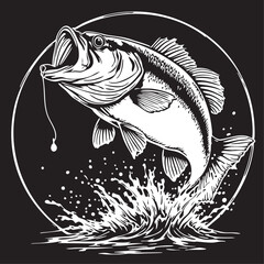 Jumping Largemouth Bass Vector — Black and White Sport Fishing Illustration with Splash, Hooked Lure, and Circular Frame