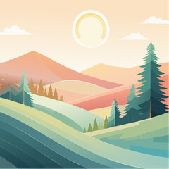A serene minimalist winter landscape with snowcovered hills pine trees and a soft sun.
