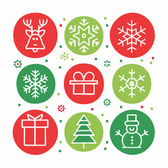 A festive collection of Christmas line art icons featuring a reindeer snowman and snowflakes.