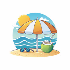 Beach Scene with Umbrella Coconut and Sunglasses.