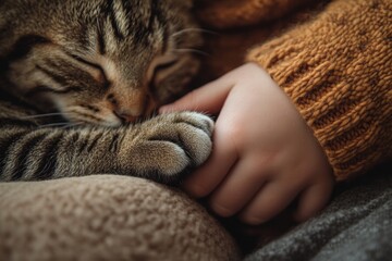 Sleeping Cat's Paw Held by Child's Hand, Close-Up Showing Warmth and Comfort