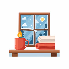 Cozy winter scene with a lit candle and stacked blankets by the window.