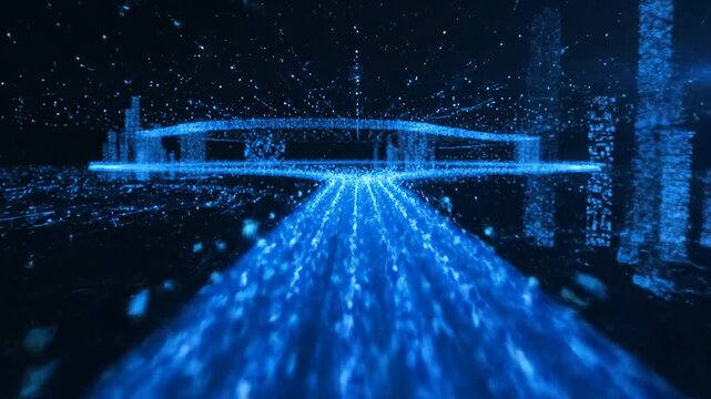 Digital Cityscape Data Flow - An abstract representation of a digital cityscape with glowing blue data streams.