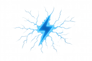 Blue lightning bolt breaking through a surface, radiating electricity, power, and energy on a transparent background