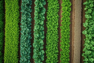 Aerial View of Diverse Crops Growing in Rows on a Lush, Verdant Farm