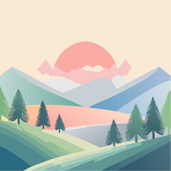 Pastel colored mountain landscape illustration with a rising pink sun and pine trees.