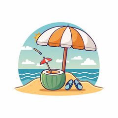 Tropical Beach Scene with Coconut Drink and Umbrella.