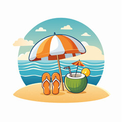 Tropical Beach Illustration with Orange Umbrella FlipFlops and Coconut Drink.