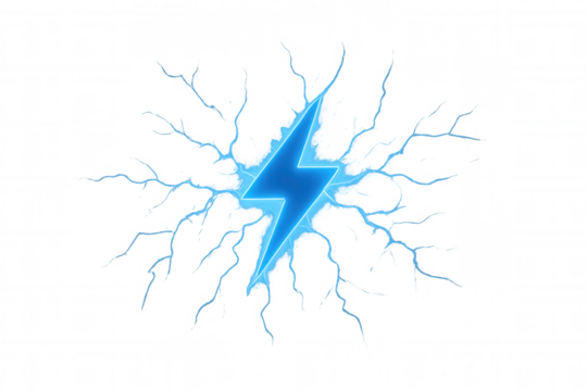Blue lightning bolt breaking through a surface, radiating electricity, power, and energy on a transparent background