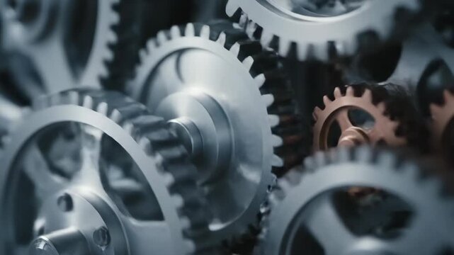 Explore the captivating world of machinery as smooth silver and warm copper gears interlock perfectly. Witness the elegance of mechanical engineering in action, showcasing intricate designs.